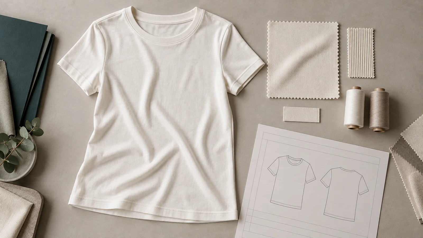 Redaktionelle Illustration eines elfenbeinfarbenen T-Shirts neben Stoffmustern, Rippstrickbündchen, Garn und einer Kleidungsstückzeichnung auf einem Tisch in warmem Grau.