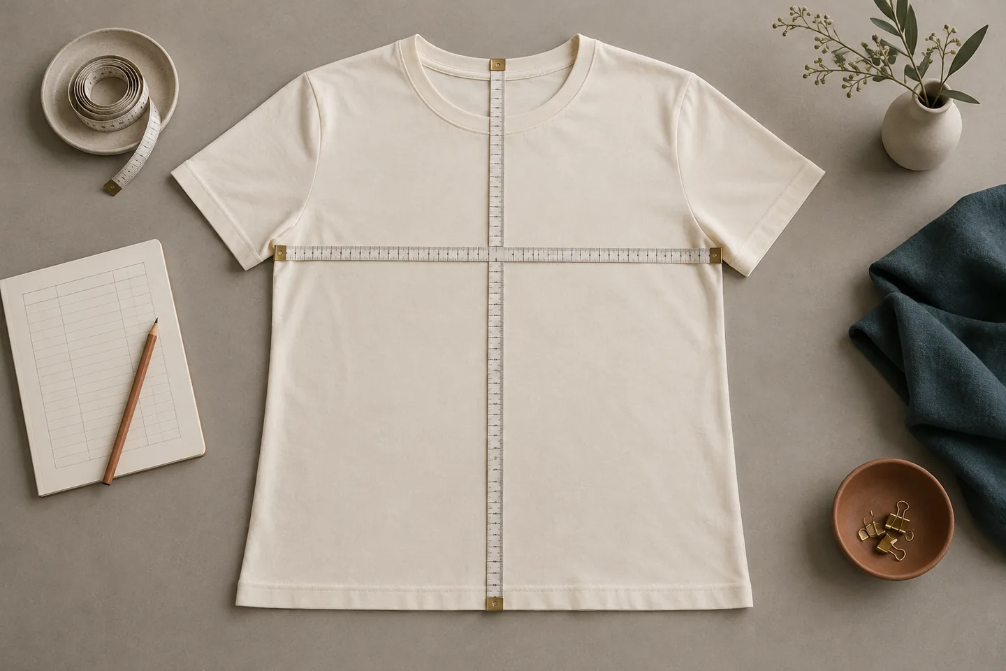 Fictional measuring scene with a flat T-shirt, measuring tapes and a blank record sheet.