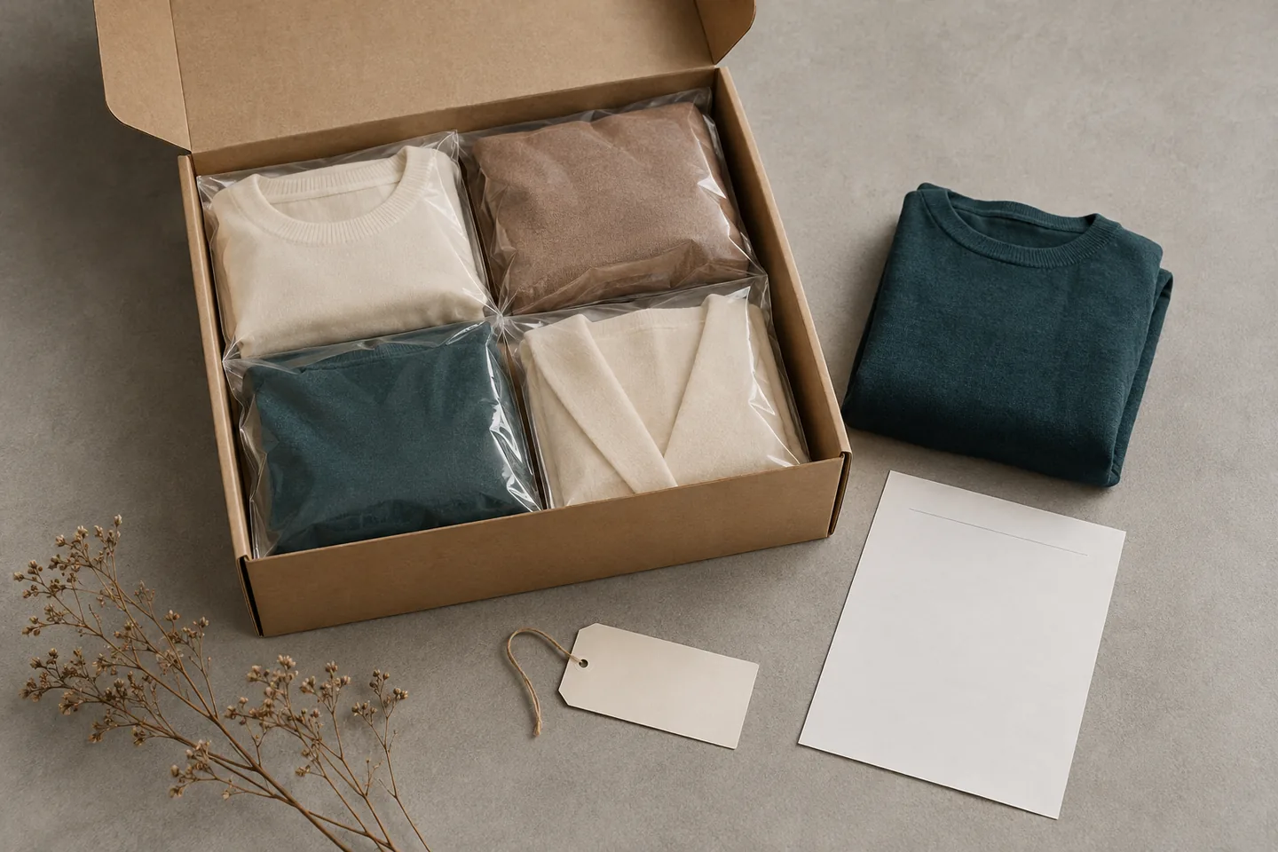Fictional carton with bagged folded garments beside a garment reference and blank packing record.