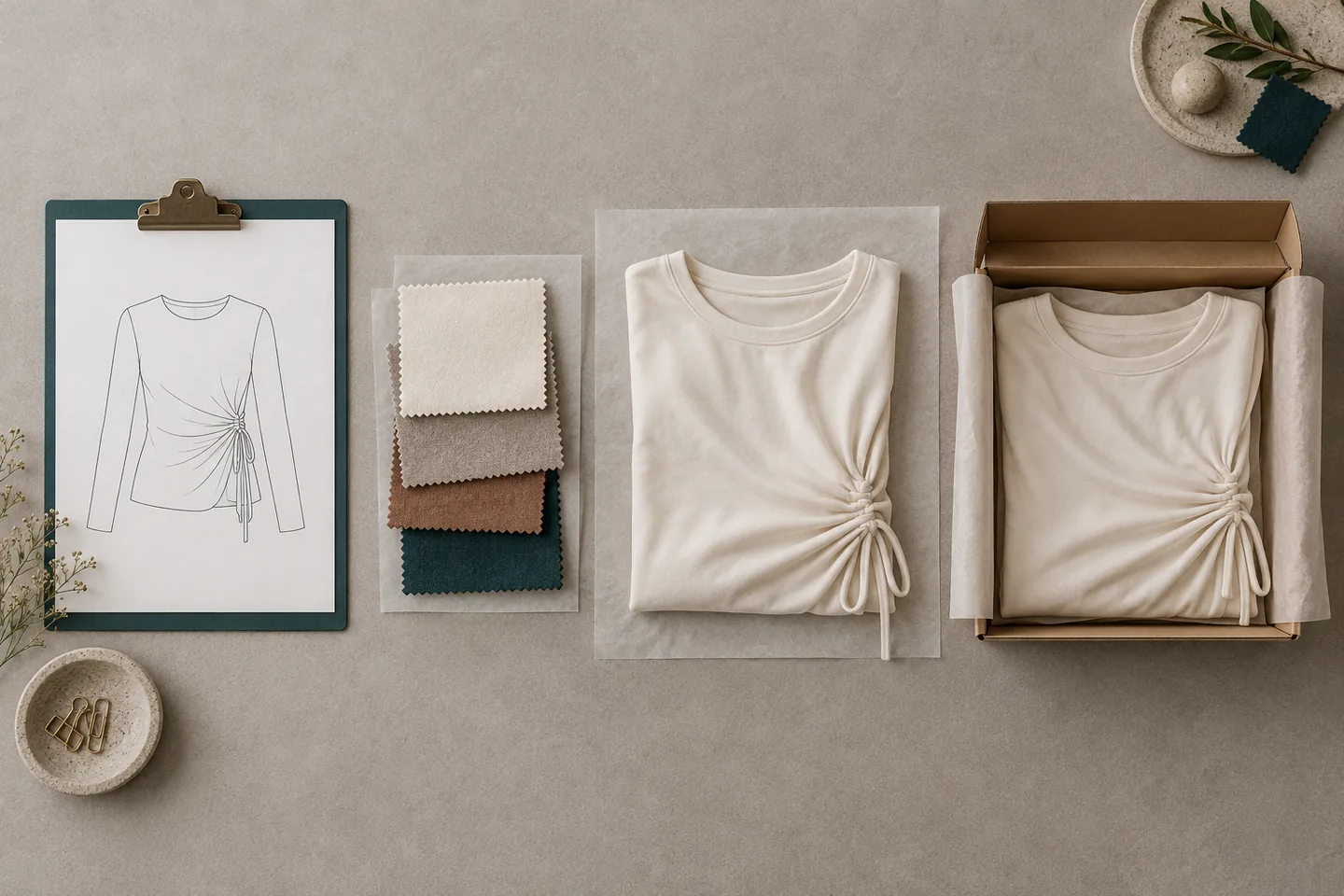Konzeptsequenz mit einer Kleidungsstückzeichnung, Materialmustern, Kleidungsstückreferenzen und einer verpackten Einheit.