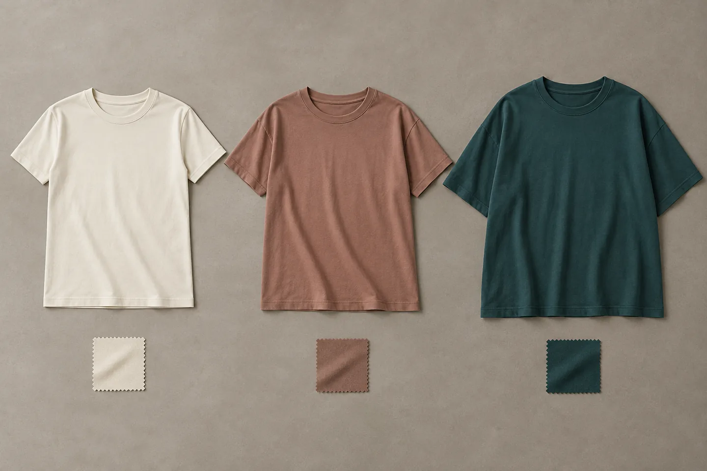 Tres siluetas ficticias de camisetas de punto con muestras de materiales a juego.