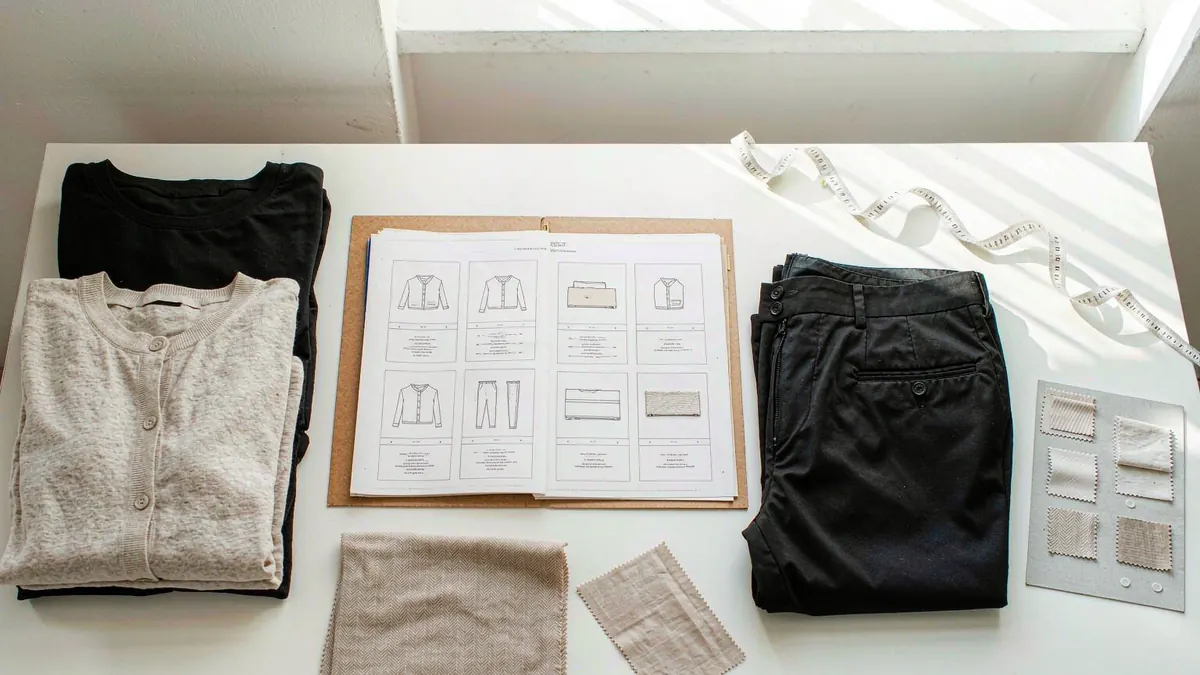 Folded basic garments in neutral tones beside an open specification folder, swatch card and measuring tape.