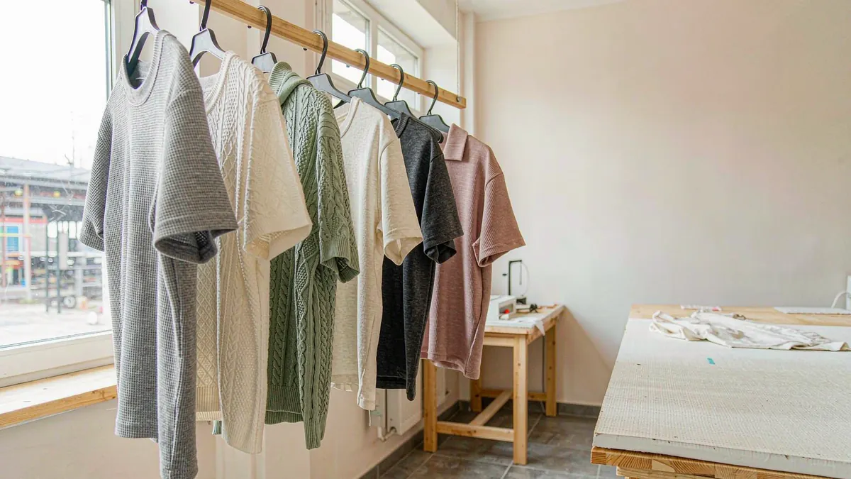 Six knit sample garments in muted tones hanging in a row on a wooden rail in the sample room.