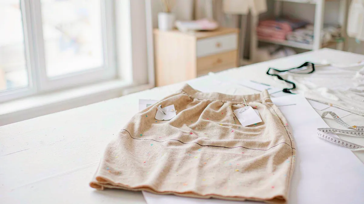 A knit skirt sample pinned with fitting tags on a white table beside pattern paper and a measuring tape during a fit review.