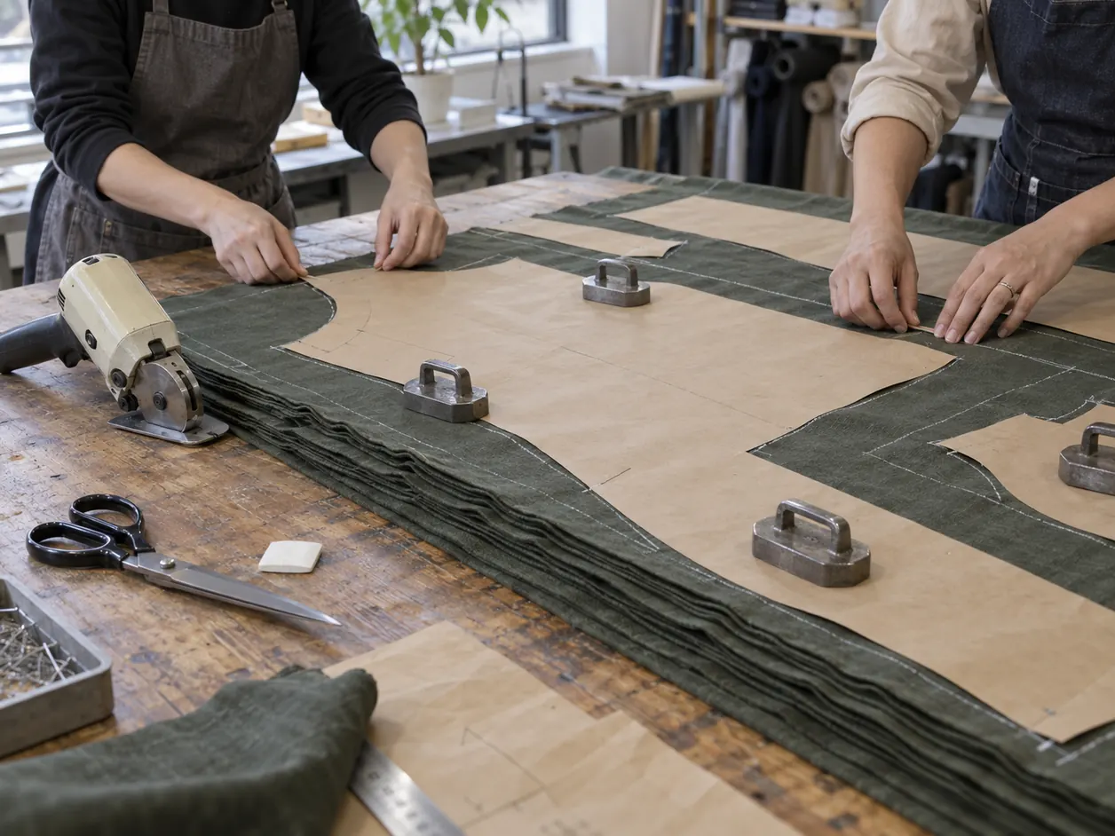 Workers aligning paper patterns and layered fabric on a used cutting table with pattern weights and cutting tools.