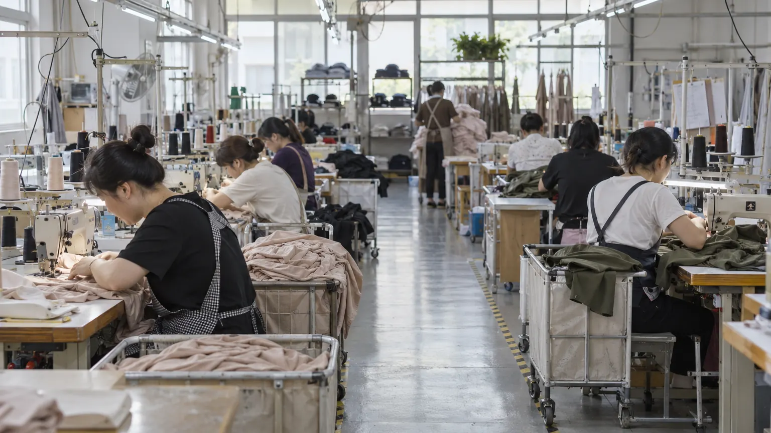 Machinists working at industrial sewing stations with garment bundles and trolleys in a practical apparel workshop.