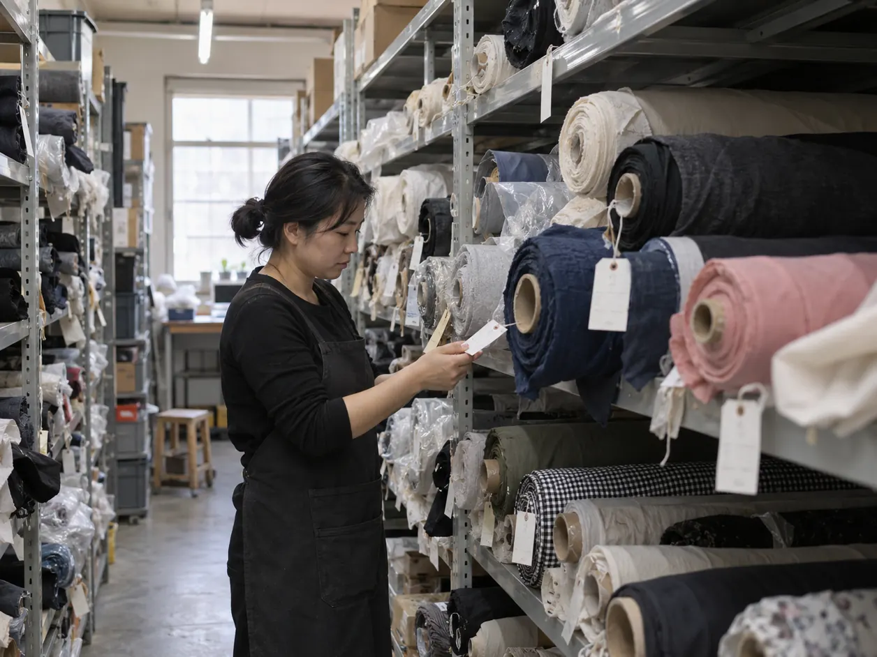 Worker checking an order tag among rolls of jersey, fleece and woven fabric on compact stock-room shelving.