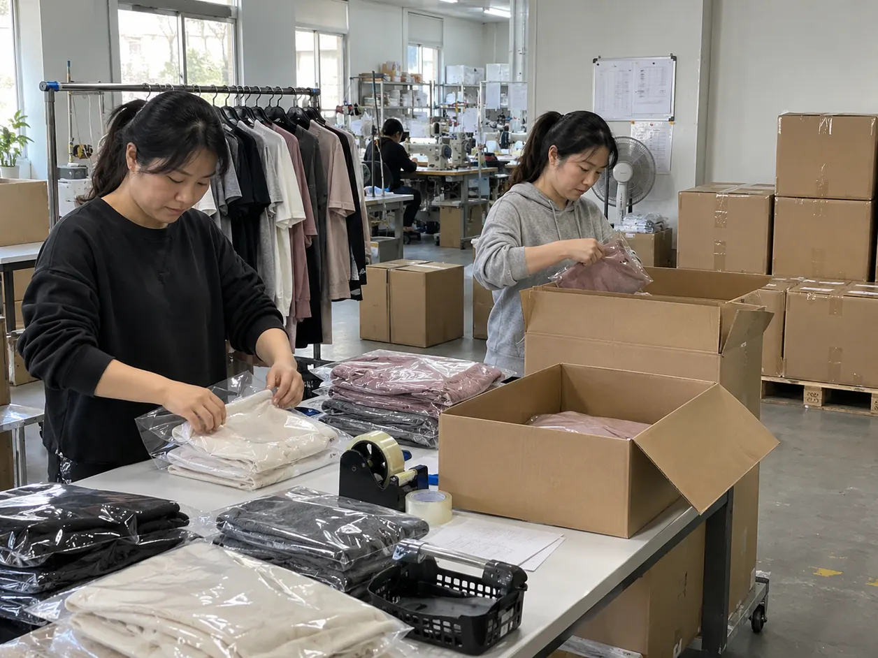 Workers folding and polybagging finished garments beside open cartons in a compact dispatch area.