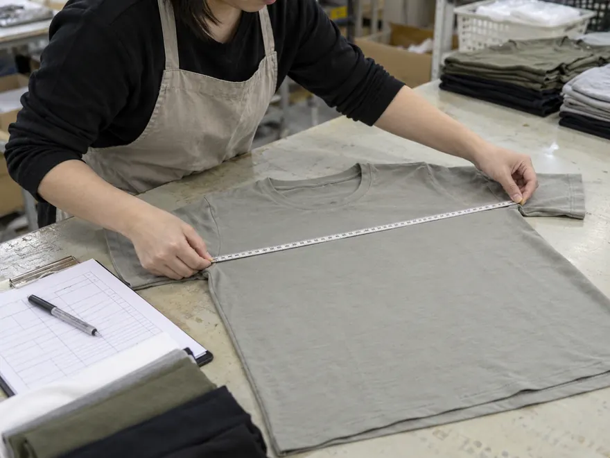 Quality inspector measuring a finished grey T-shirt across the chest at a working inspection table.