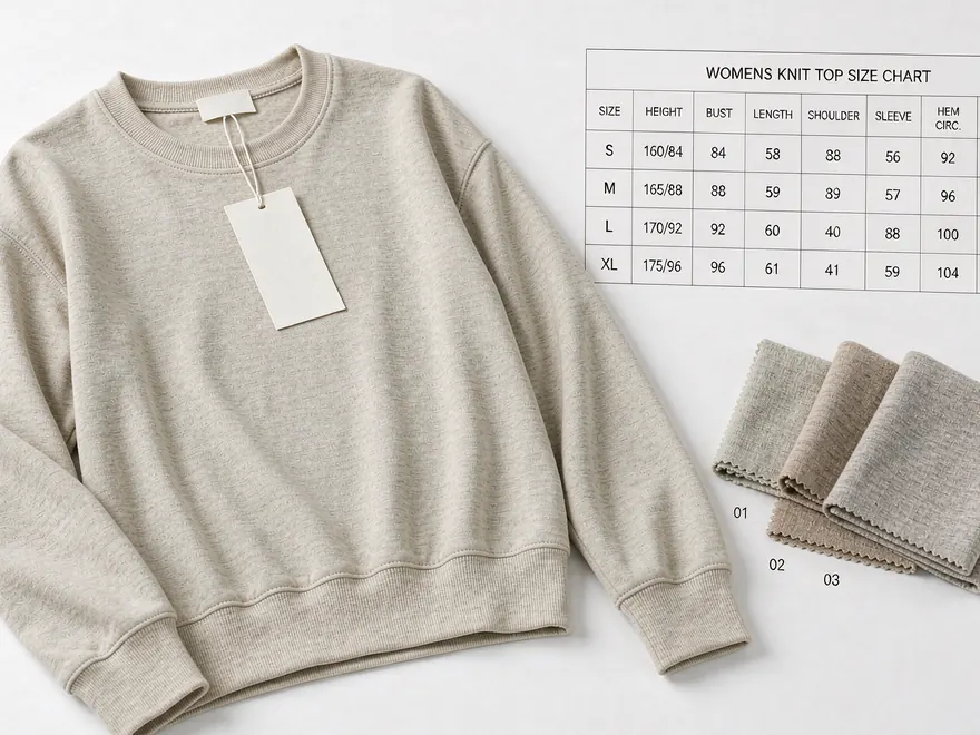 Approved sample garment with hangtag and measurement record on the review table.