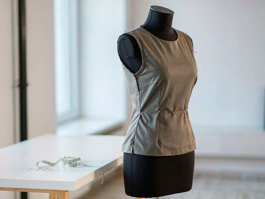 Garment pinned on a dress form during a fitting review.