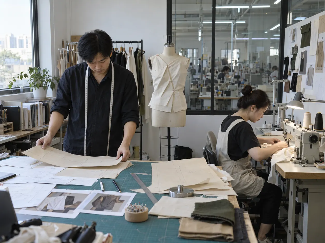 Pattern maker reviewing paper patterns while a sample machinist sews a womenswear sample in a working sample room.