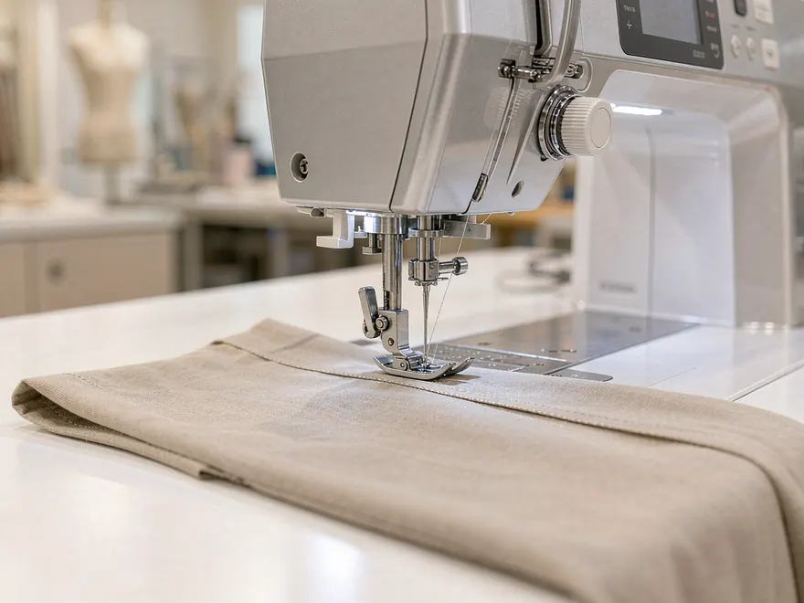 Sample machinist sewing a single garment in the sample room.