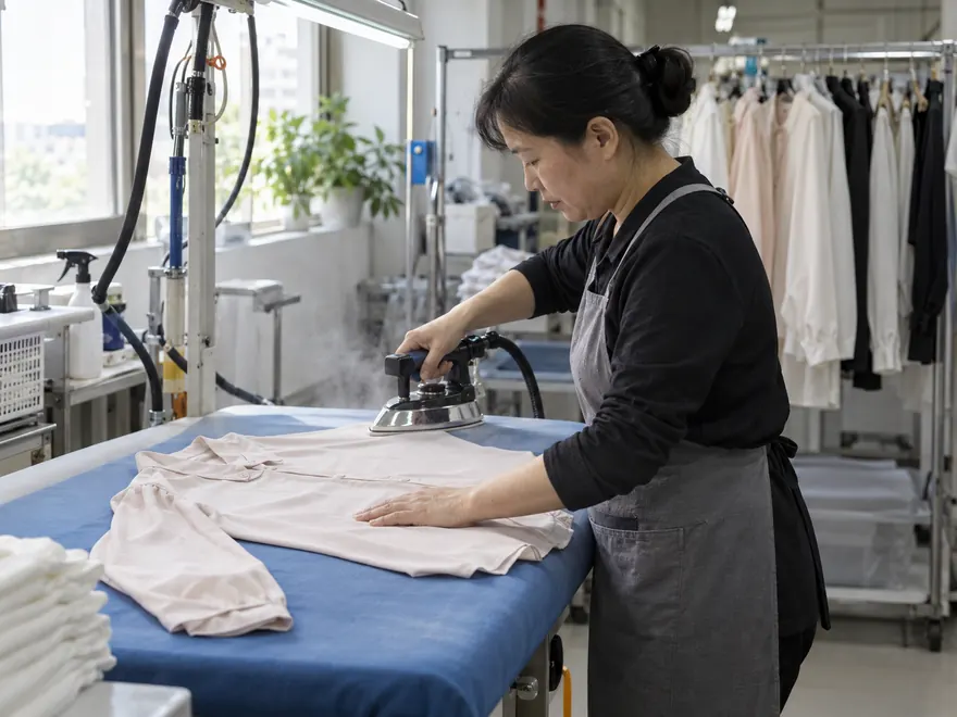 Worker using a professional steam iron on a pale womenswear blouse at a padded finishing table.
