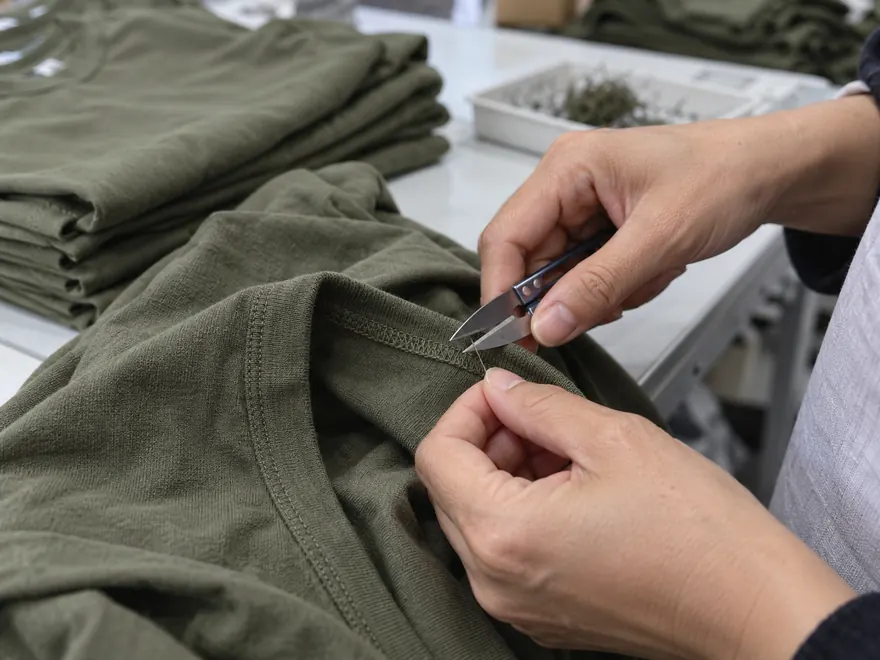 Close view of a worker trimming one loose thread from the overlock seam of an olive jersey garment.