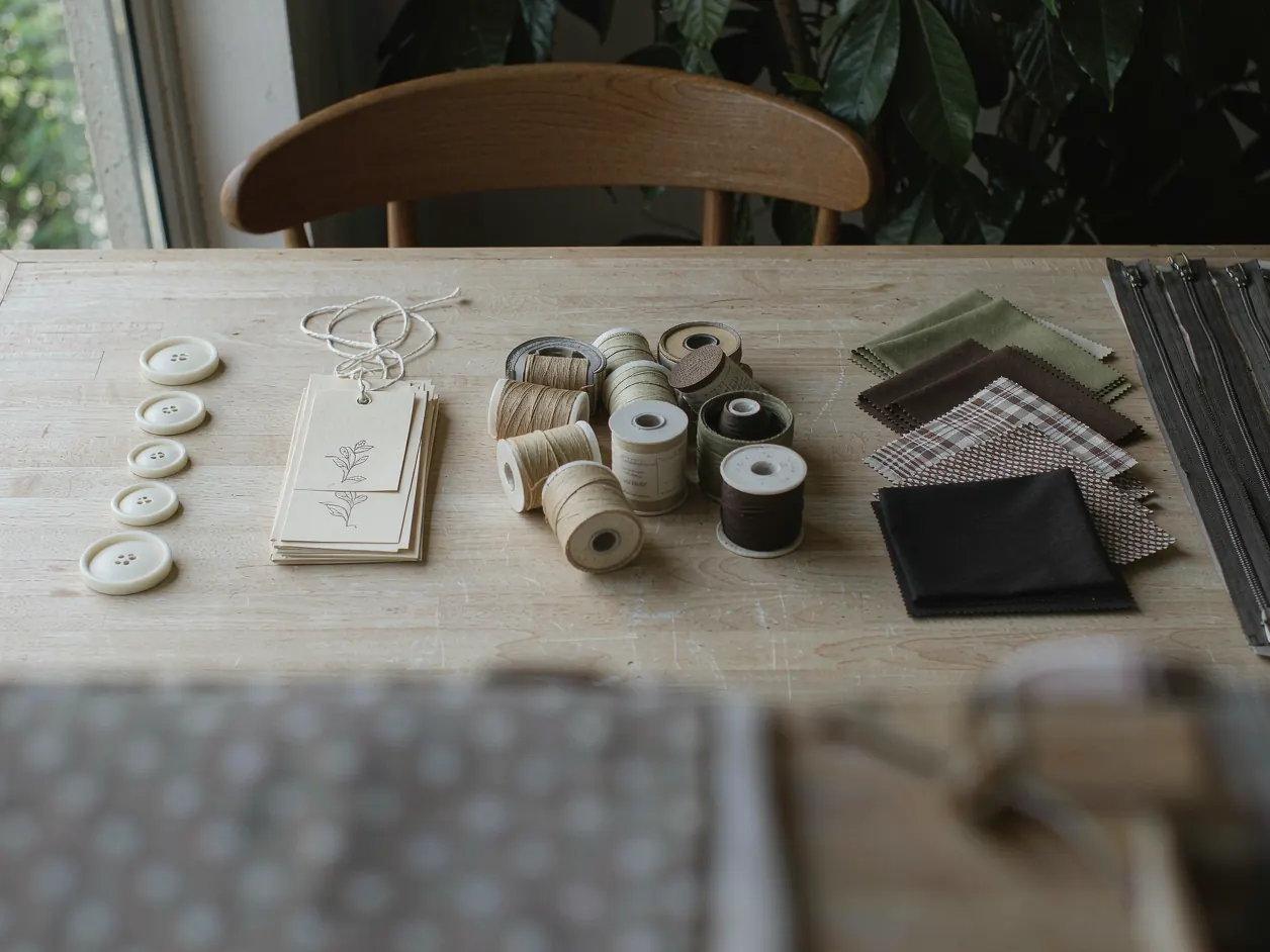 Workbench flat lay of garment trims: labels, hang tags, buttons, zippers and thread cones.