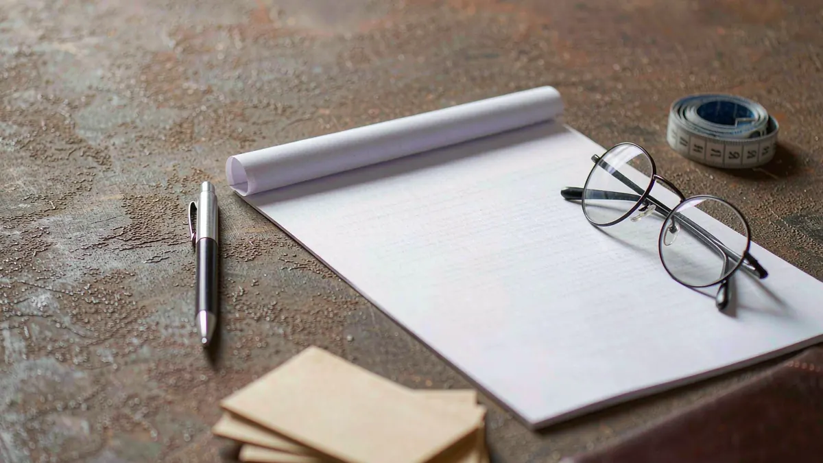 Ein leeres Spezifikationsblatt mit Stift, Maßband, Lesebrille und Karteikarten auf einem Lieferantenschreibtisch.