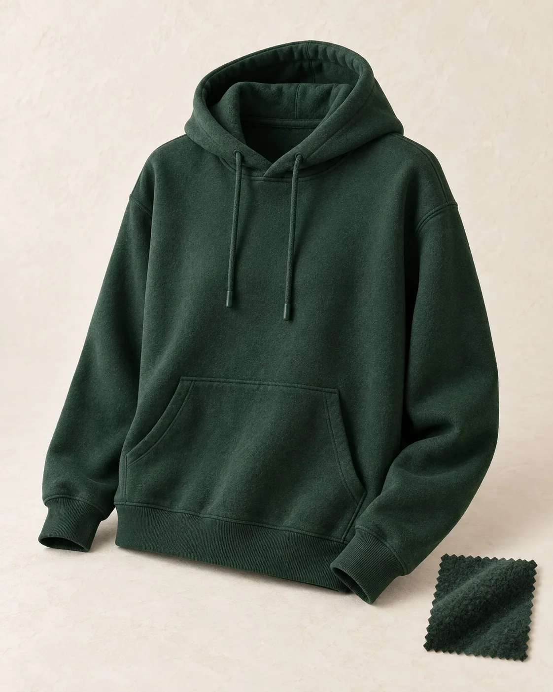 Unbranded deep green pullover hoodie with drawcords and a kangaroo pocket, with a brushed fleece swatch beside it.