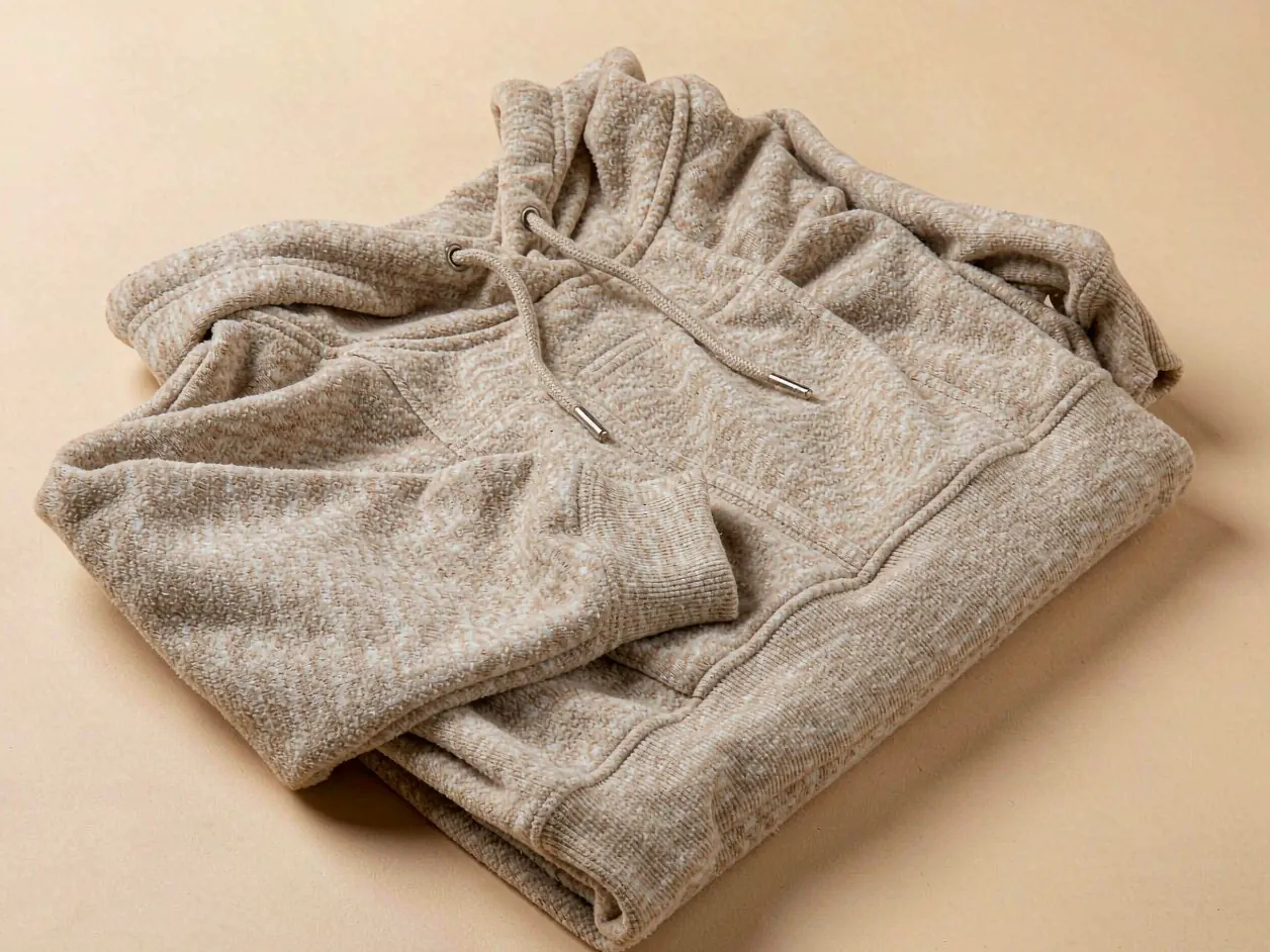 Sweat à capuche plié en polaire chiné couleur avoine présentant un ourlet, des poignets et des cordons de serrage à pointes métalliques.
