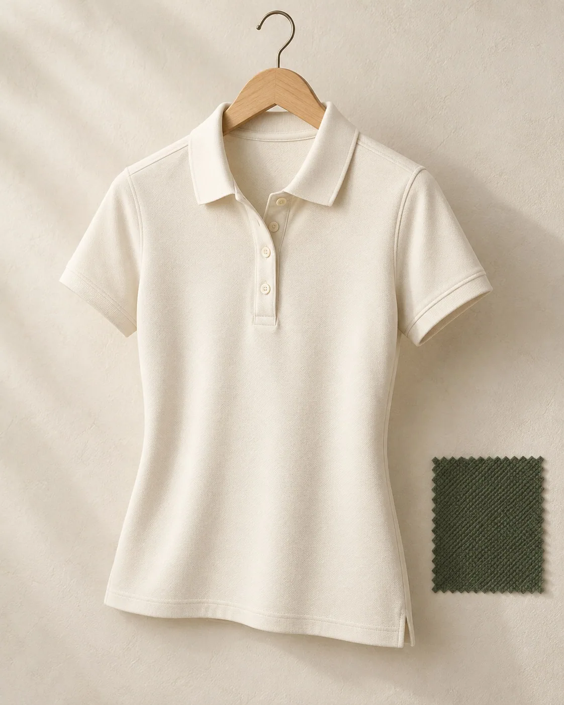 Unbranded women’s short-sleeve pique polo shirt in off-white with a flat knit collar, with a pique swatch beside it.