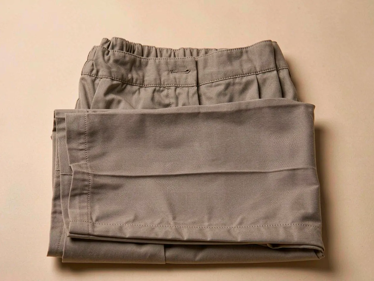 Gefaltete Hose aus taupefarbenem, gewebtem Twill mit Bund, Gürtelschlaufen, Klettverschluss und sauberen Steppnähten.