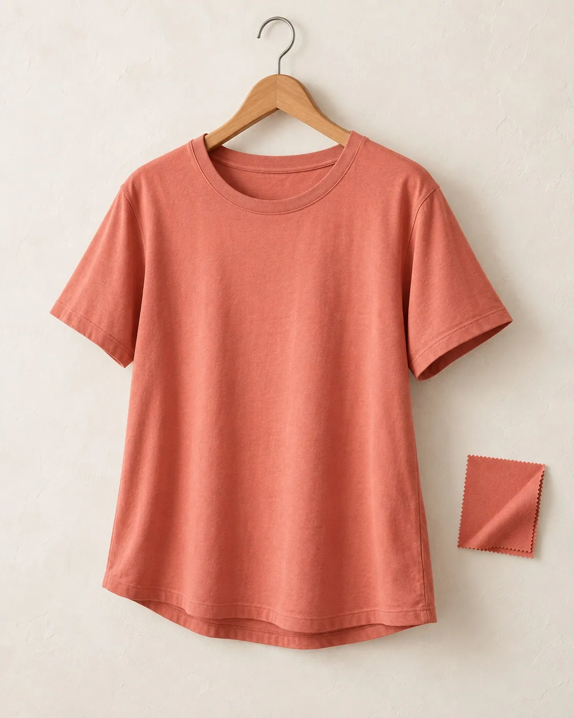 Unbranded women’s short-sleeve cotton T-shirt in clay on a wooden hanger, with a matching jersey swatch.