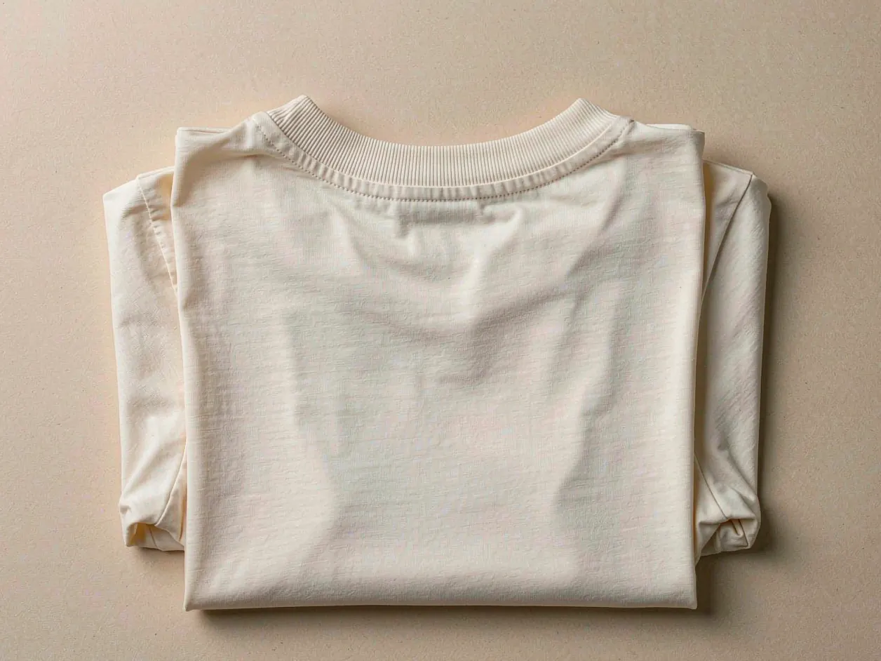 Camiseta de punto de algodón de color blanco roto, cálida y doblada, que muestra el escote acanalado y las costuras limpias en las sisas.