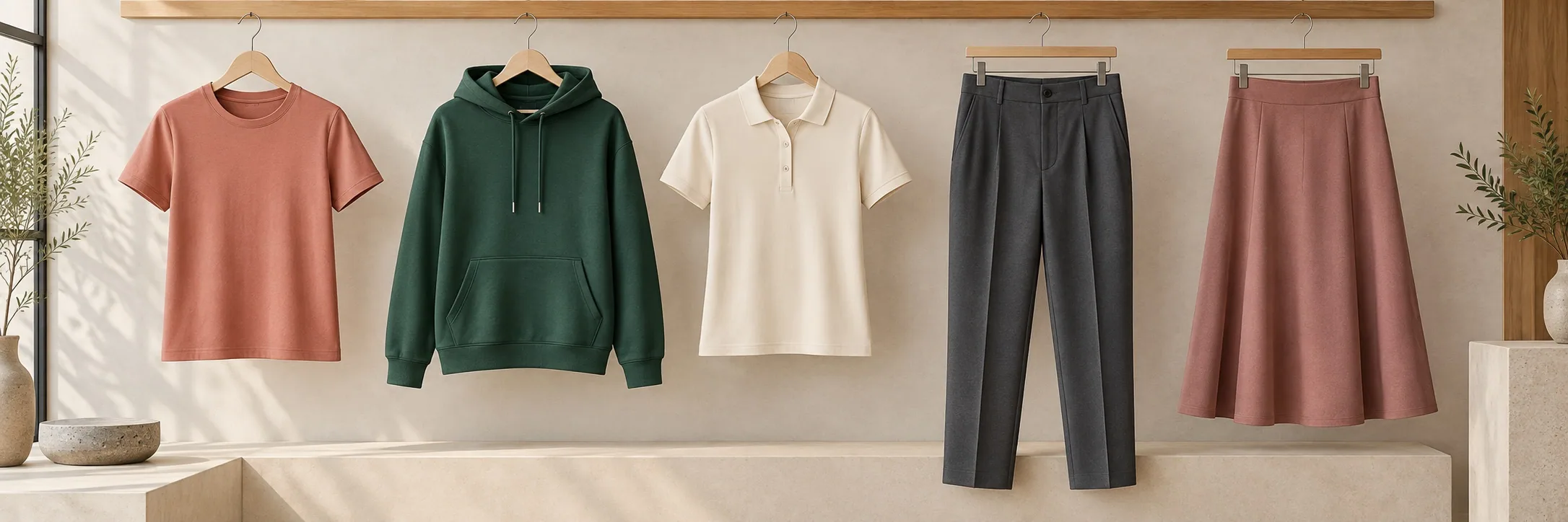 Coordinated range of an unbranded T-shirt, hoodie, polo shirt, trousers and skirt.