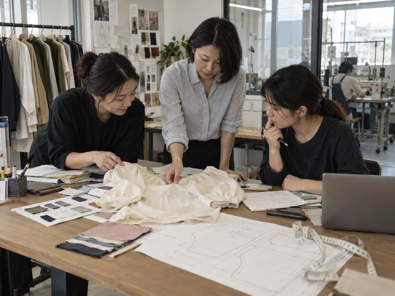 Three product-development colleagues reviewing a womenswear sample, paper patterns and fabric swatches together.